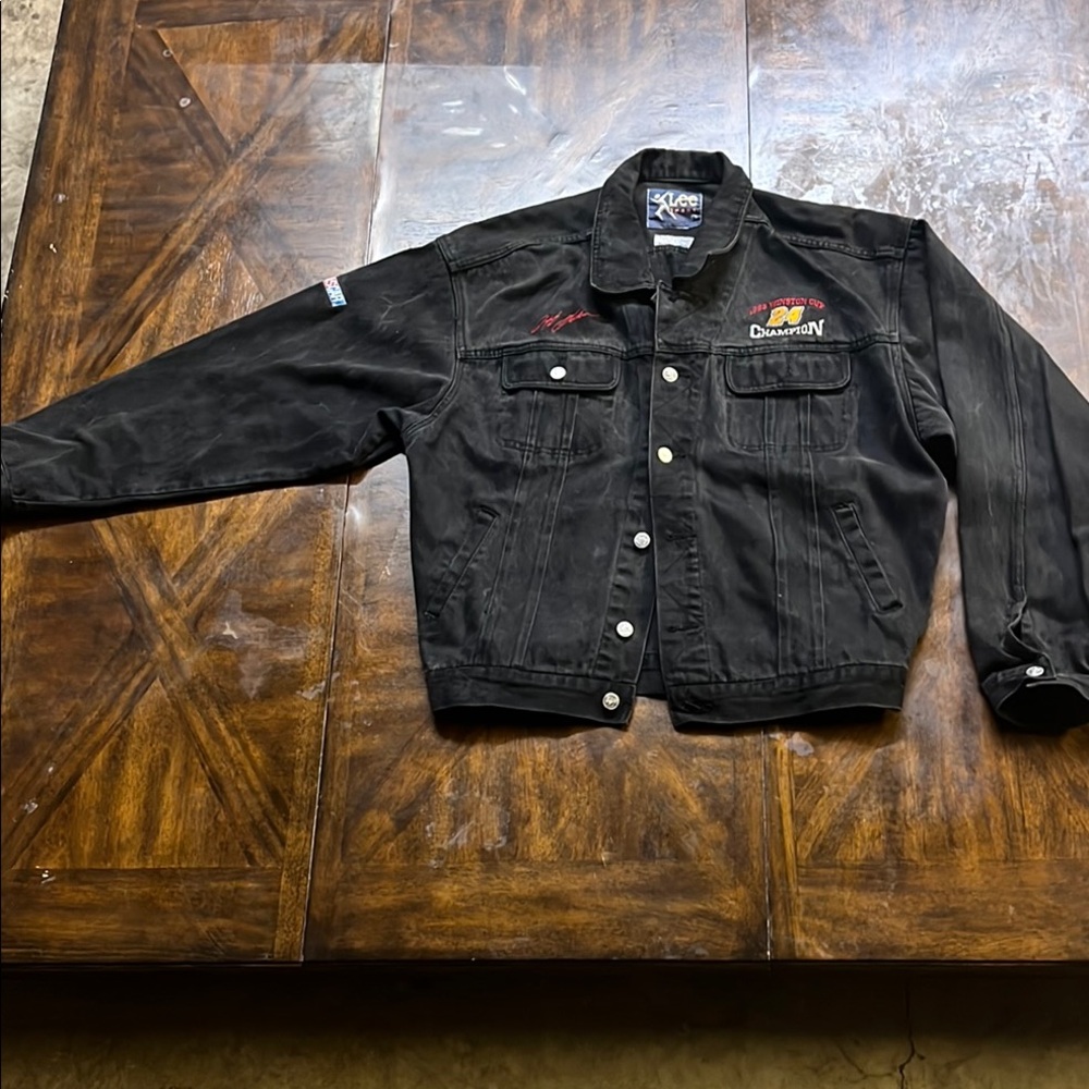 90s NASCAR Black Denim Jacket with Embroidered Logos, Jeff Gordon “Champion”